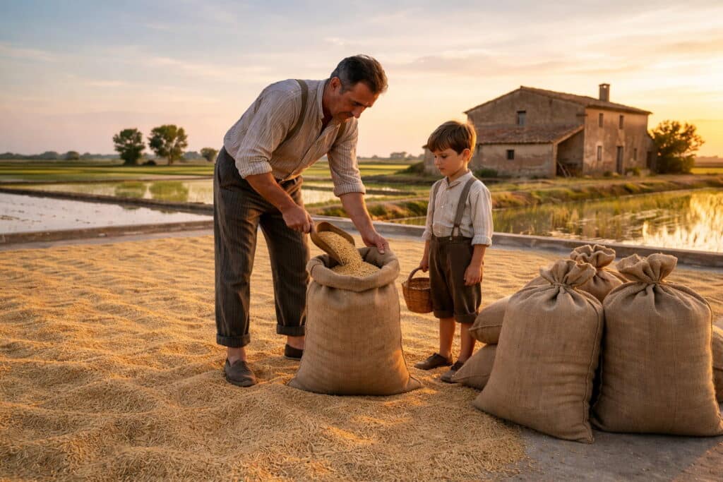 Foto antigua con el abuelo y nieto rellenando sacos de arroz